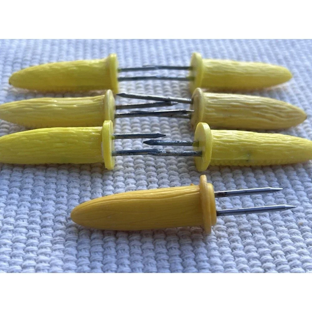 Vintage Corn On The Cob Holders Set Of 7 Yellow Corn Handles BBQ Kitchen